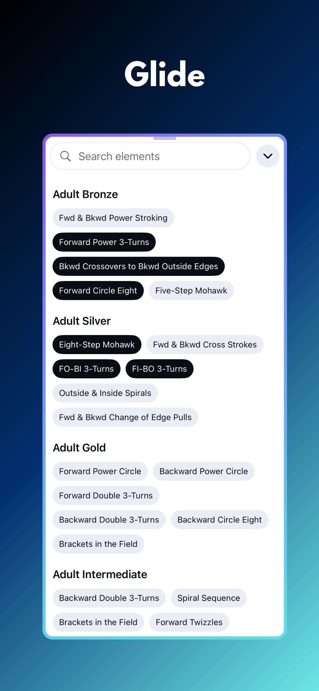 Glide elements screen